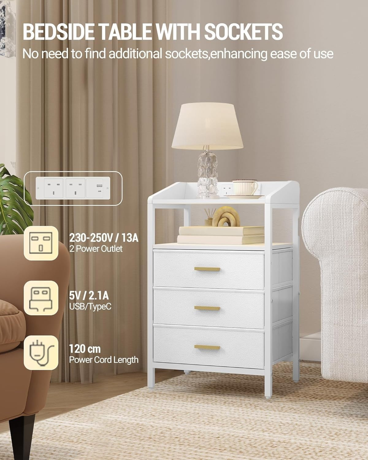 White LED Bedside Table with USB Ports & 3 Drawers