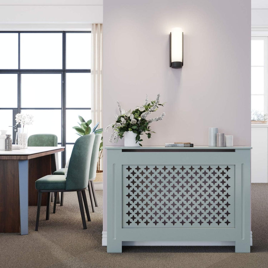Grey Radiator Cover Cabinet Modern MDF Cross Slat Design with Shelf, Medium