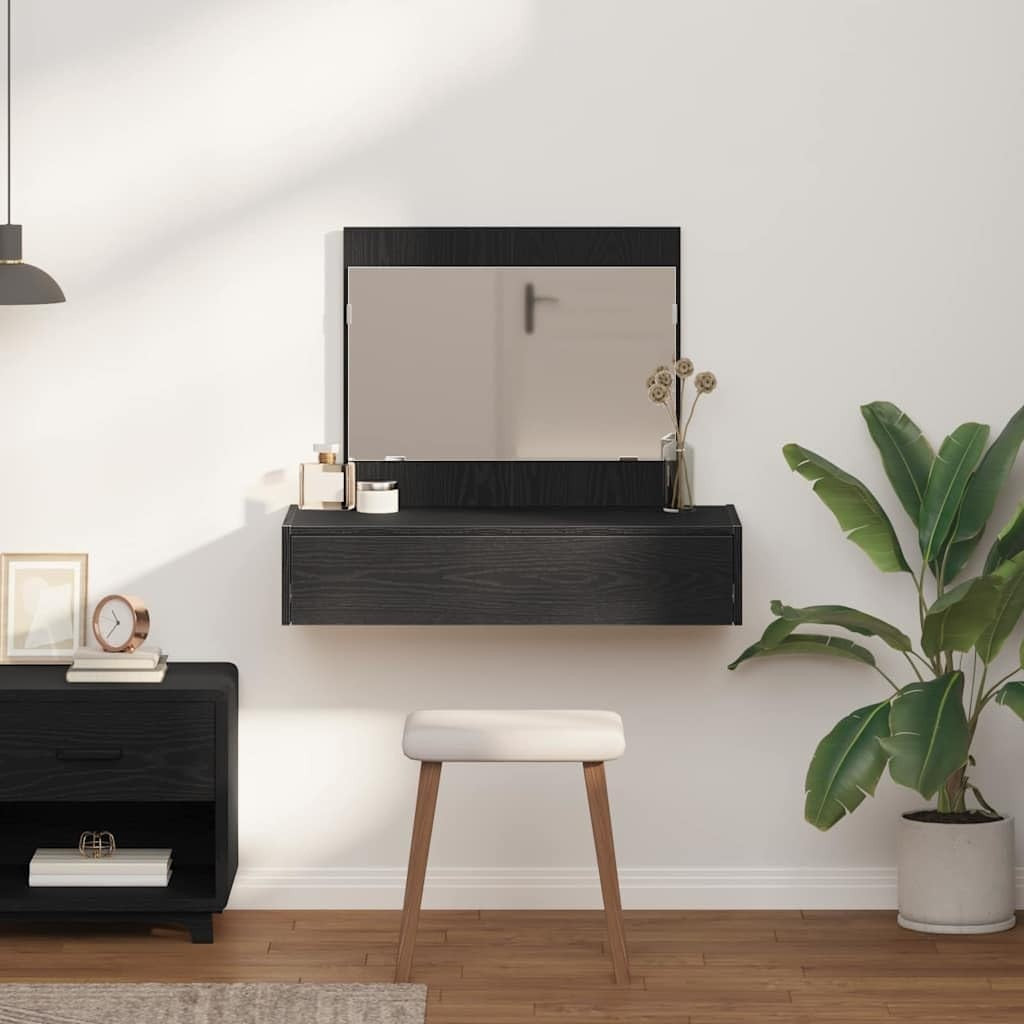Wall-Mounted Vanity Dressing Table Mirror & 1 Drawer Cabinet Storage Black Oak