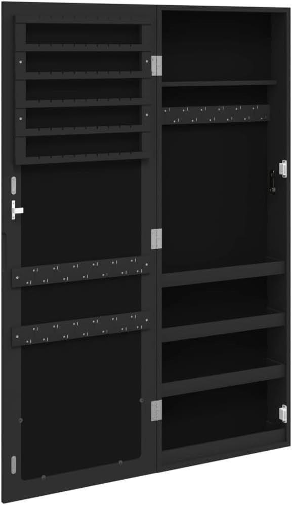 Black Wall Mounted Jewelry Cabinet Mirror Lockable Slim Vertical Storage