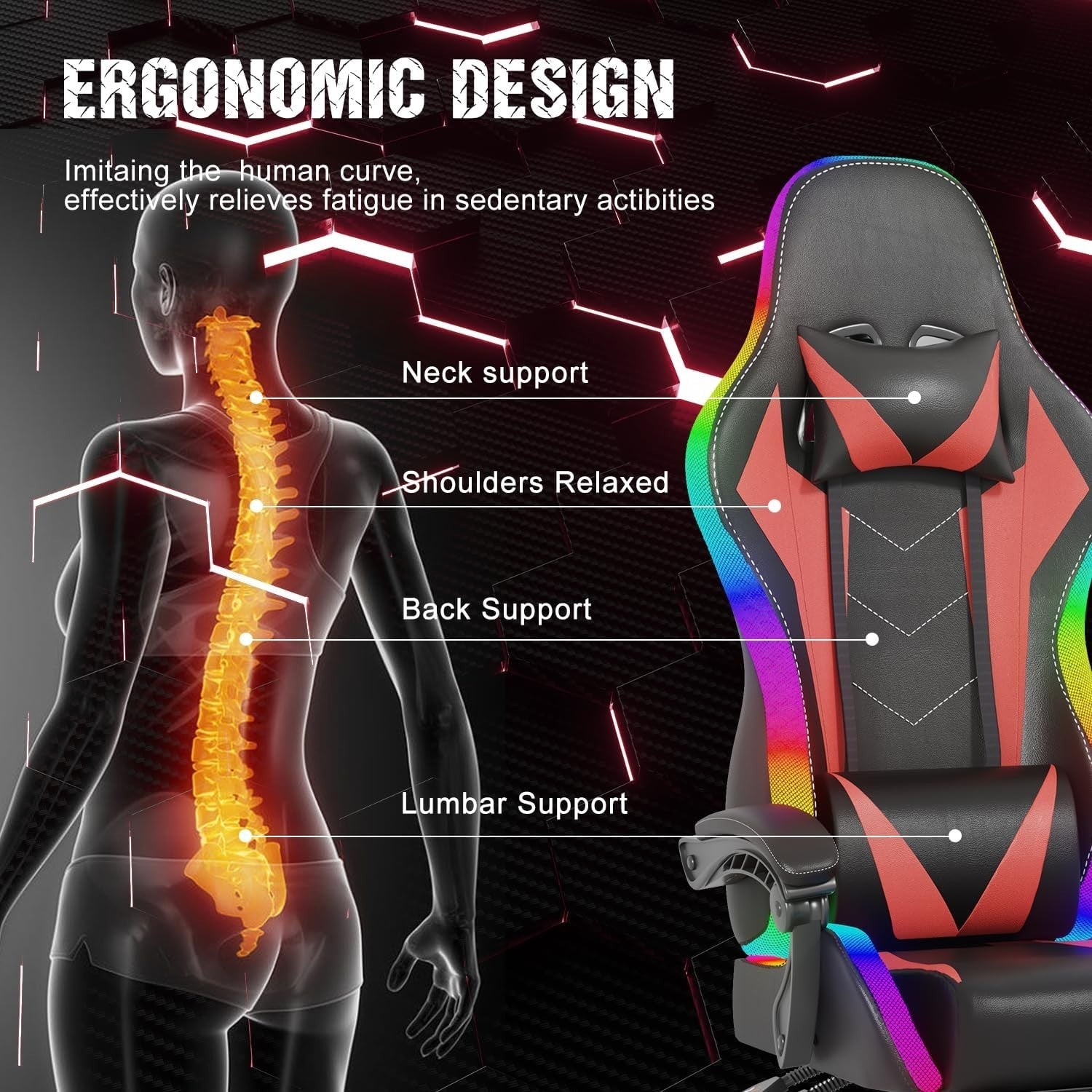 Gaming Chair Red LED High Back Reclining PU Leather Office Racing Seat Massage