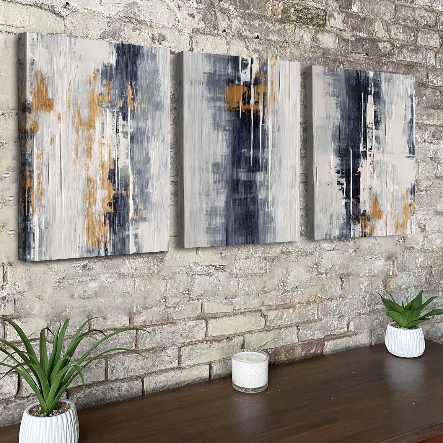 Set of 3 Grey Abstract Canvas Wall Art Gold Black 40x30cm