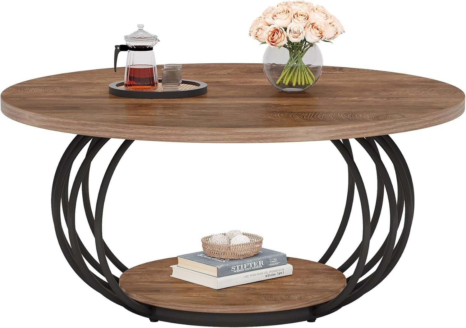 Round 2-Tier Coffee Table with Storage, Metal Frame & Wooden Grain Top