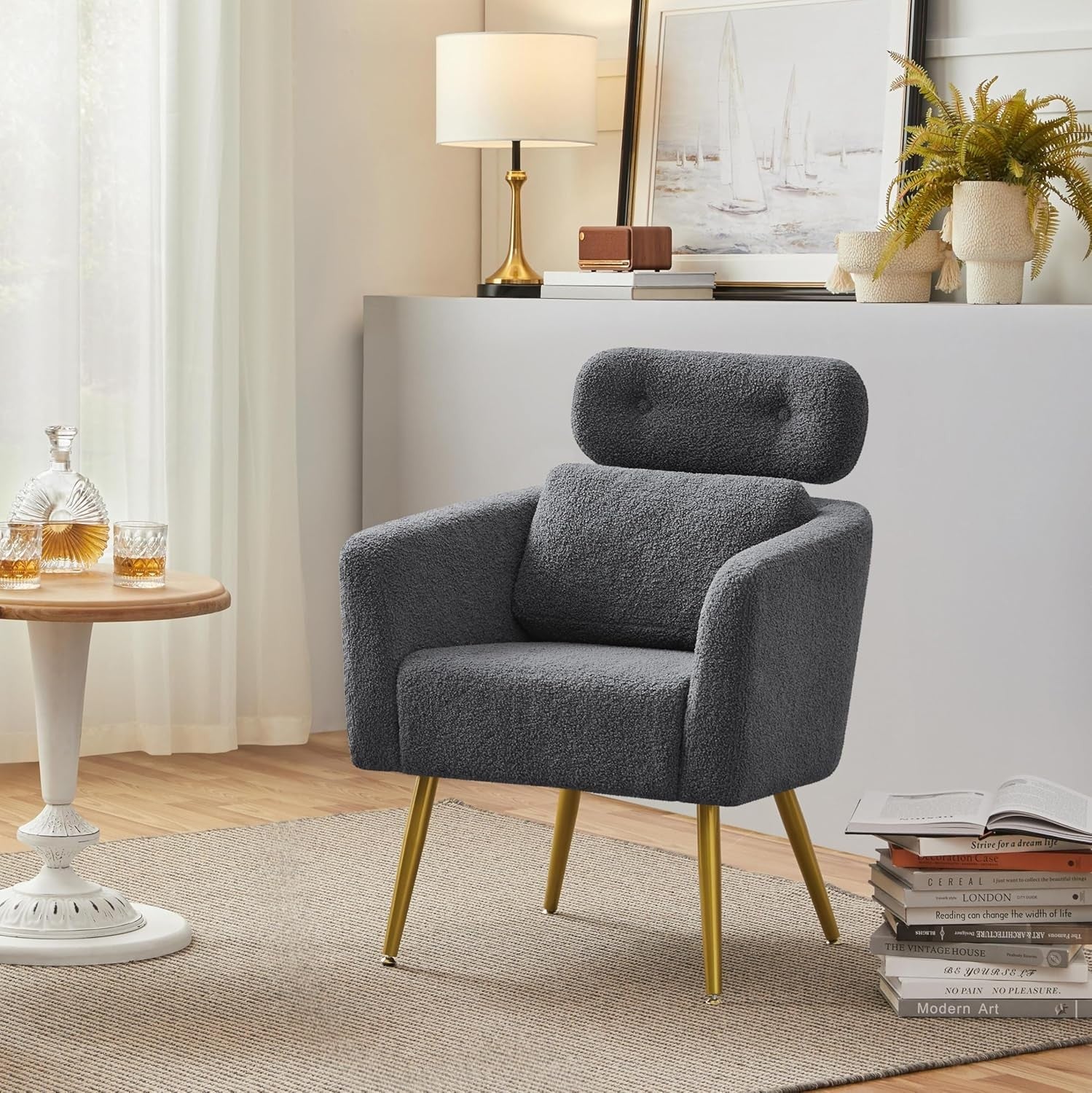 Dark Grey Boucle Tub Chair Adjustable Headrest Gold Legs