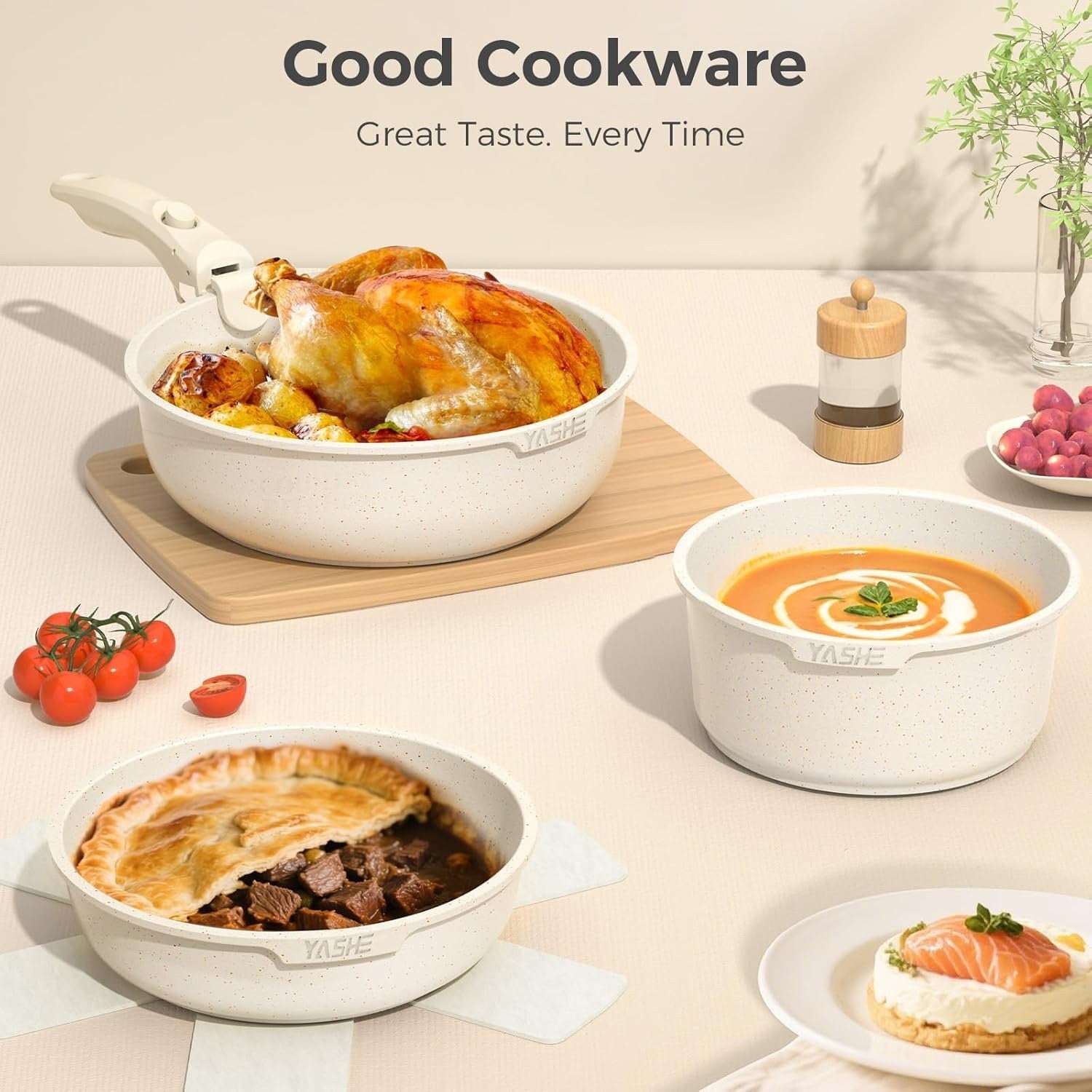 15pcs White Non Stick Granite Cookware Set  Induction Safe with Removable Handle