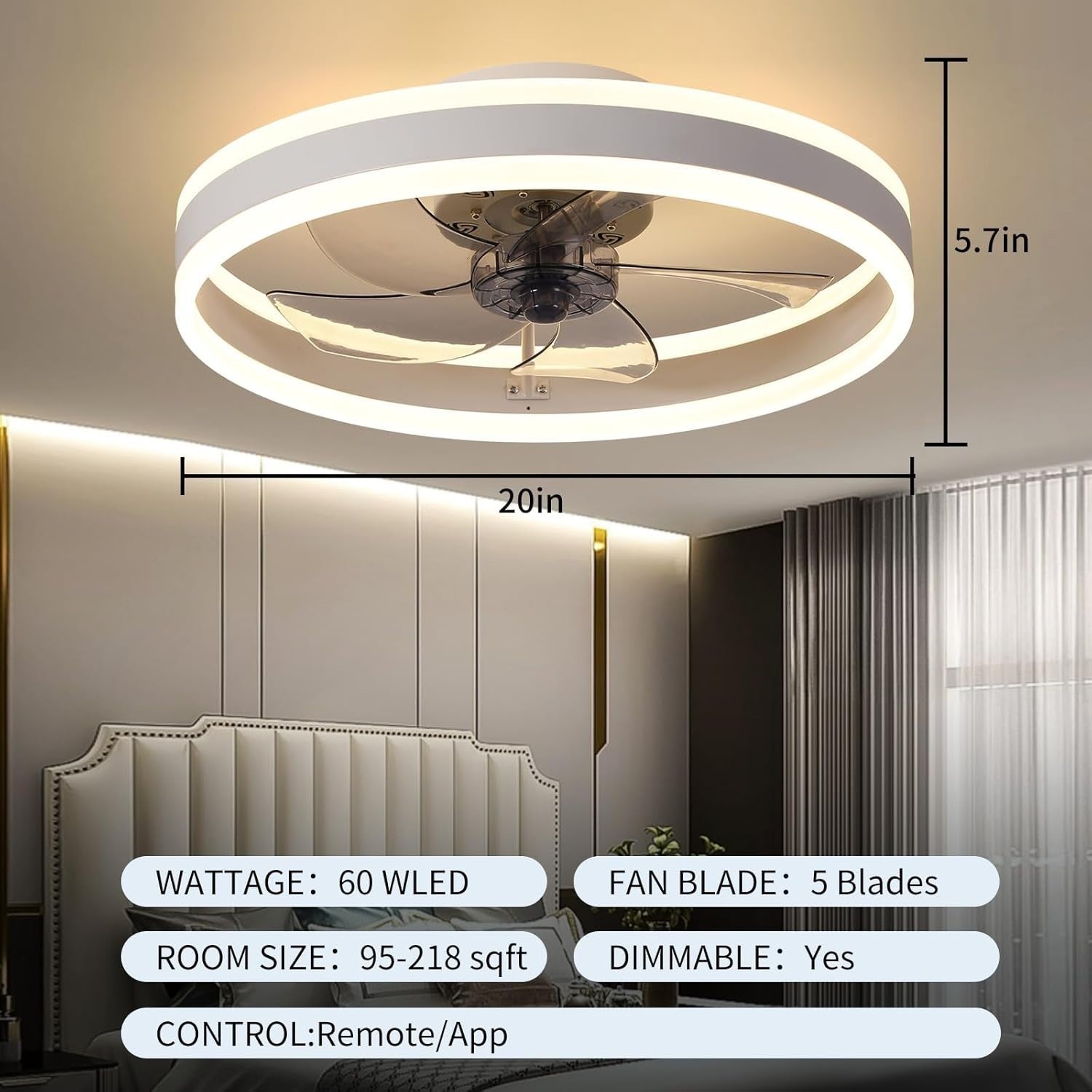 50cm Smart Ceiling Fan Light, 6-Speed Dimmable Reversible LED, Quiet Grey