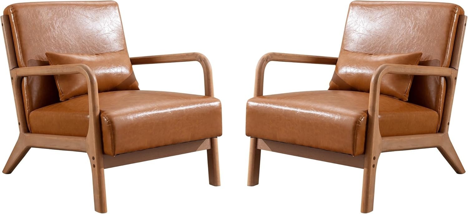 2x Brown Faux Leather Armchairs – Solid Wood High Back Lounge Chairs