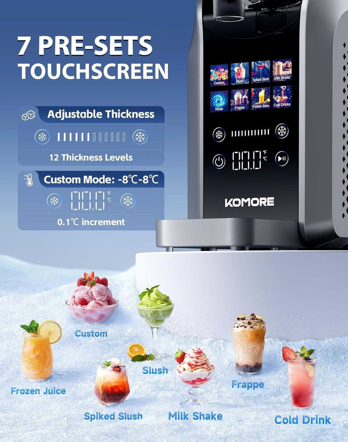 7-Preset Slush Machine 1.8L No Ice Touch Screen Self Cleaning Milkshake