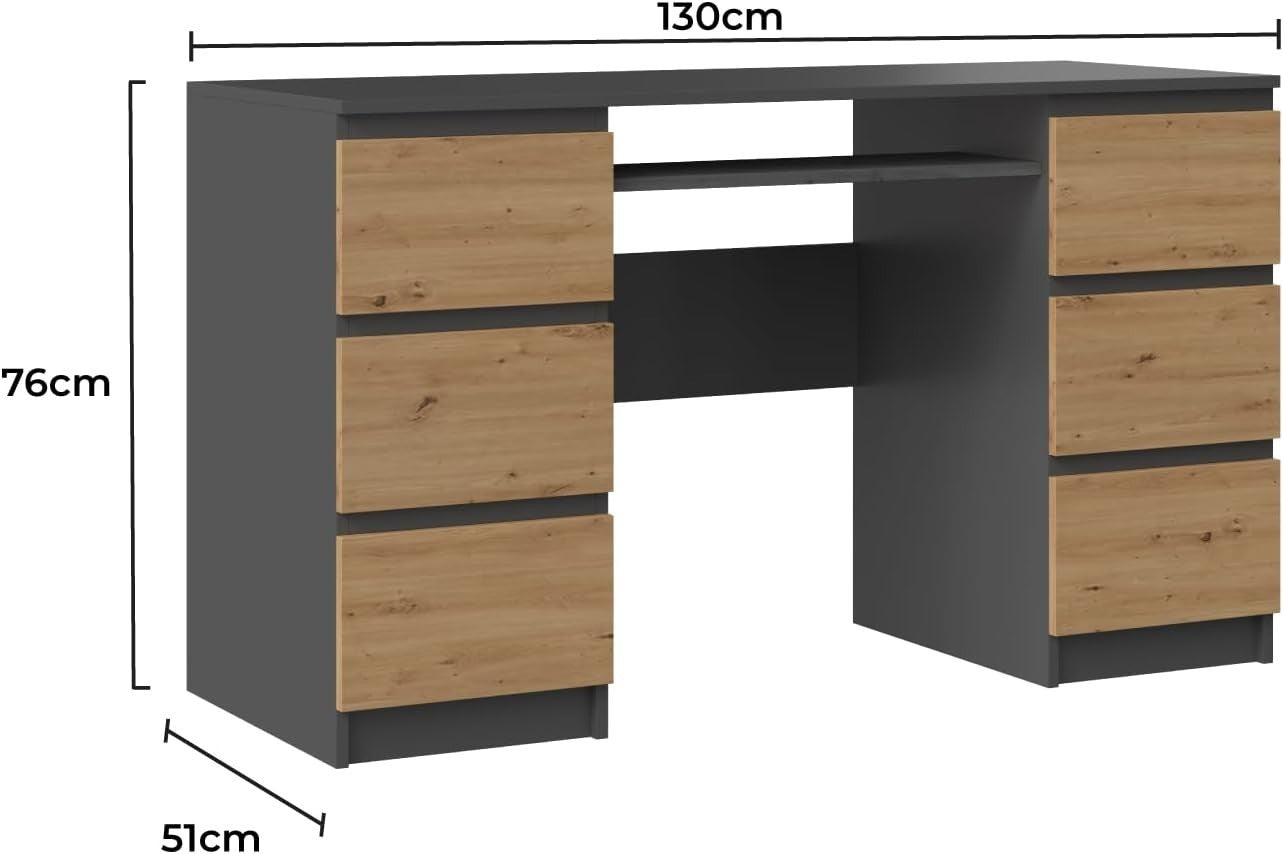 Large 6 Drawer Anthracite Artisan Office Desk w/Keyboard Shelf & Storage