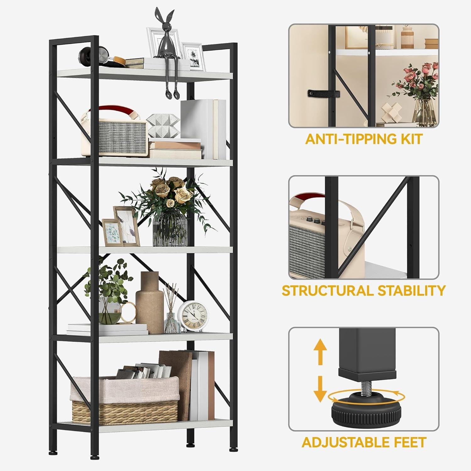 White Industrial 5-Tier Bookshelf Metal Frame Wood Shelving Storage Unit 158cm