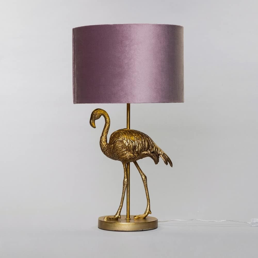Brass Flamingo Table Lamp with Pink Drum Shade | Stylish 56cm Desk Light