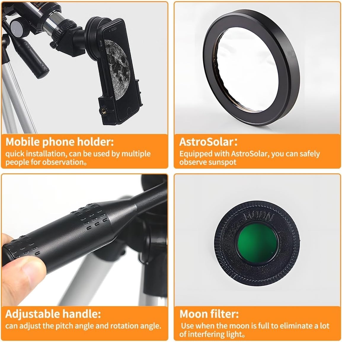 70mm White Refractor Telescope 15X-150X with Phone Adapter