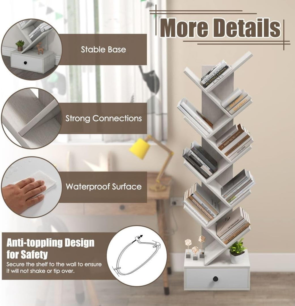 10-Tier Tree Bookshelf Floor Standing Wooden Bookcase with Drawer Storage