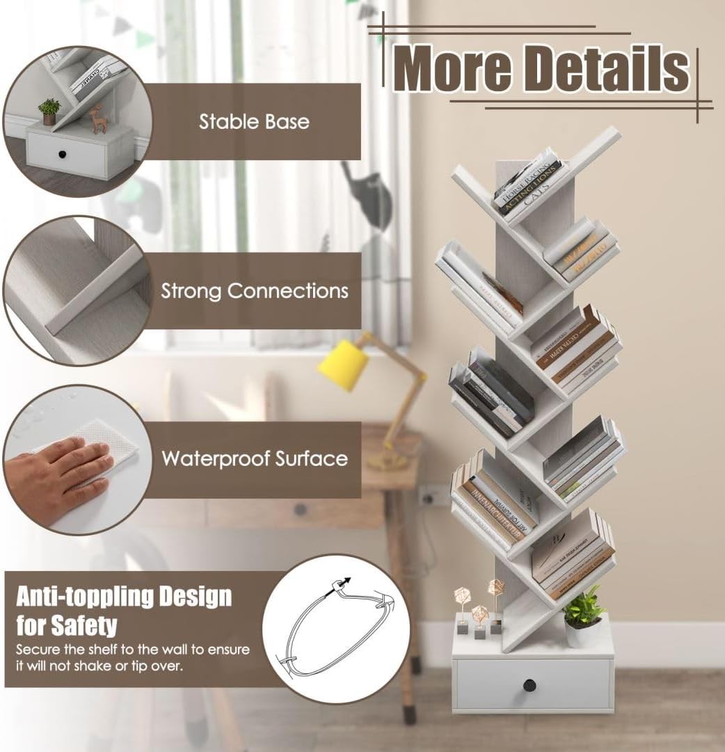 10-Tier Tree Bookshelf Floor Standing Wooden Bookcase with Drawer Storage