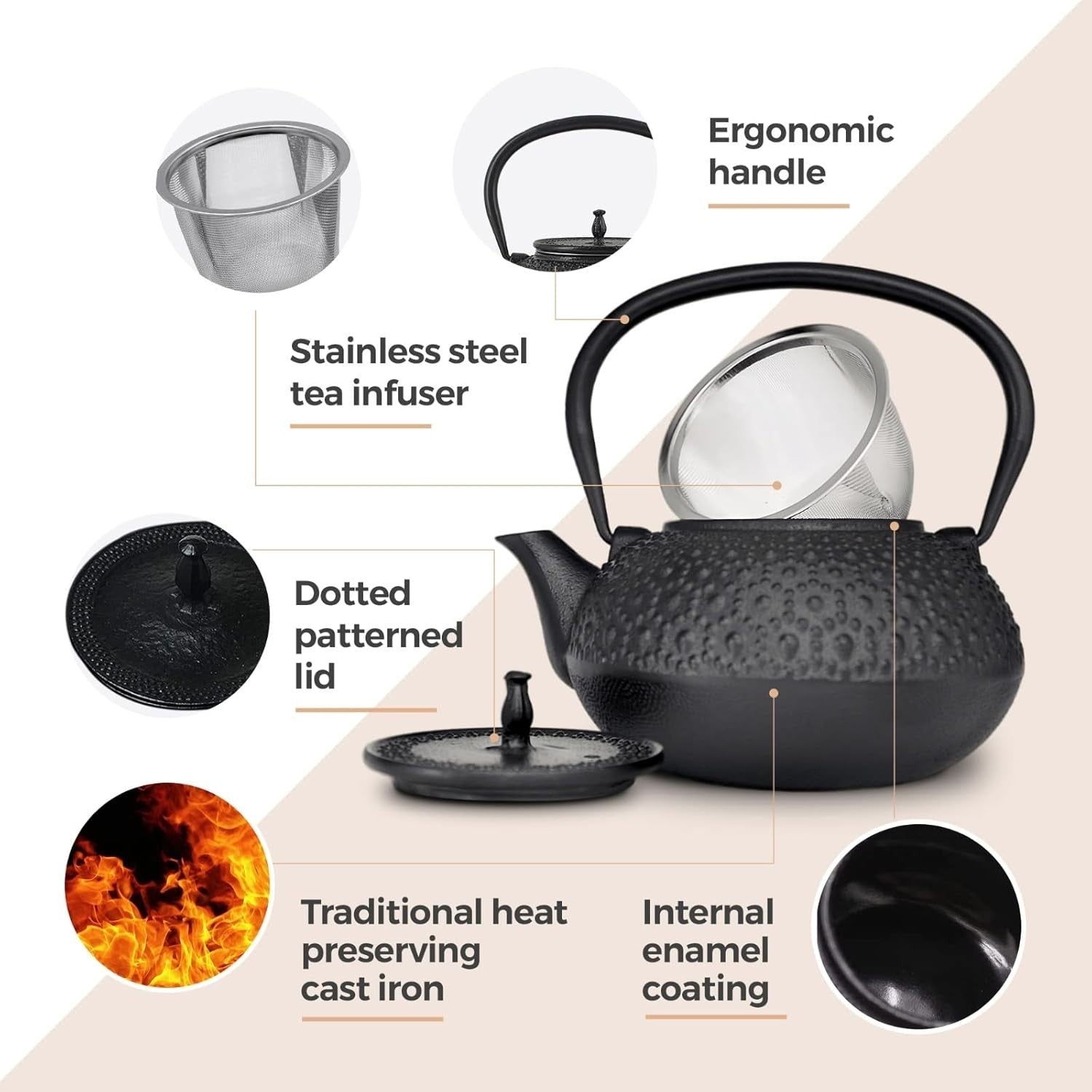 Cast Iron Teapot 650ml Tea Pot w/ Infuser Black Dotty Tetsubin Style