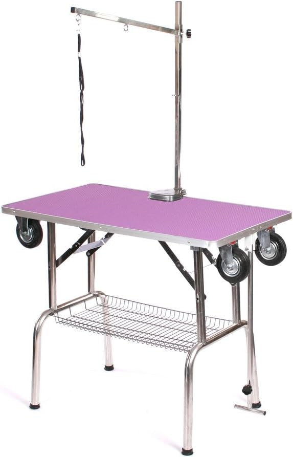 Mobile Dog Grooming Table Stainless Steel with Wheels Adjustable Arm Purple