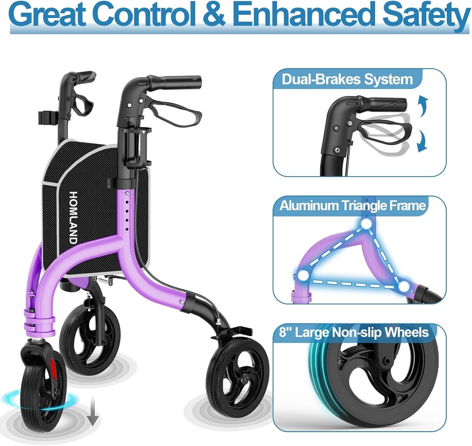 Lightweight 3 Wheel Rollator Walker Folding Adjustable Height Cane Cup Holder