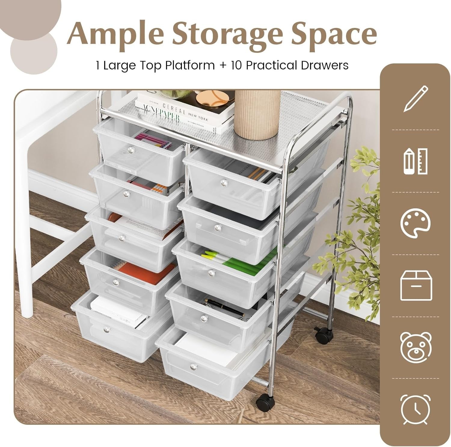 10 Drawer Rolling Storage Cart Clear Organizer Trolley with Wheels