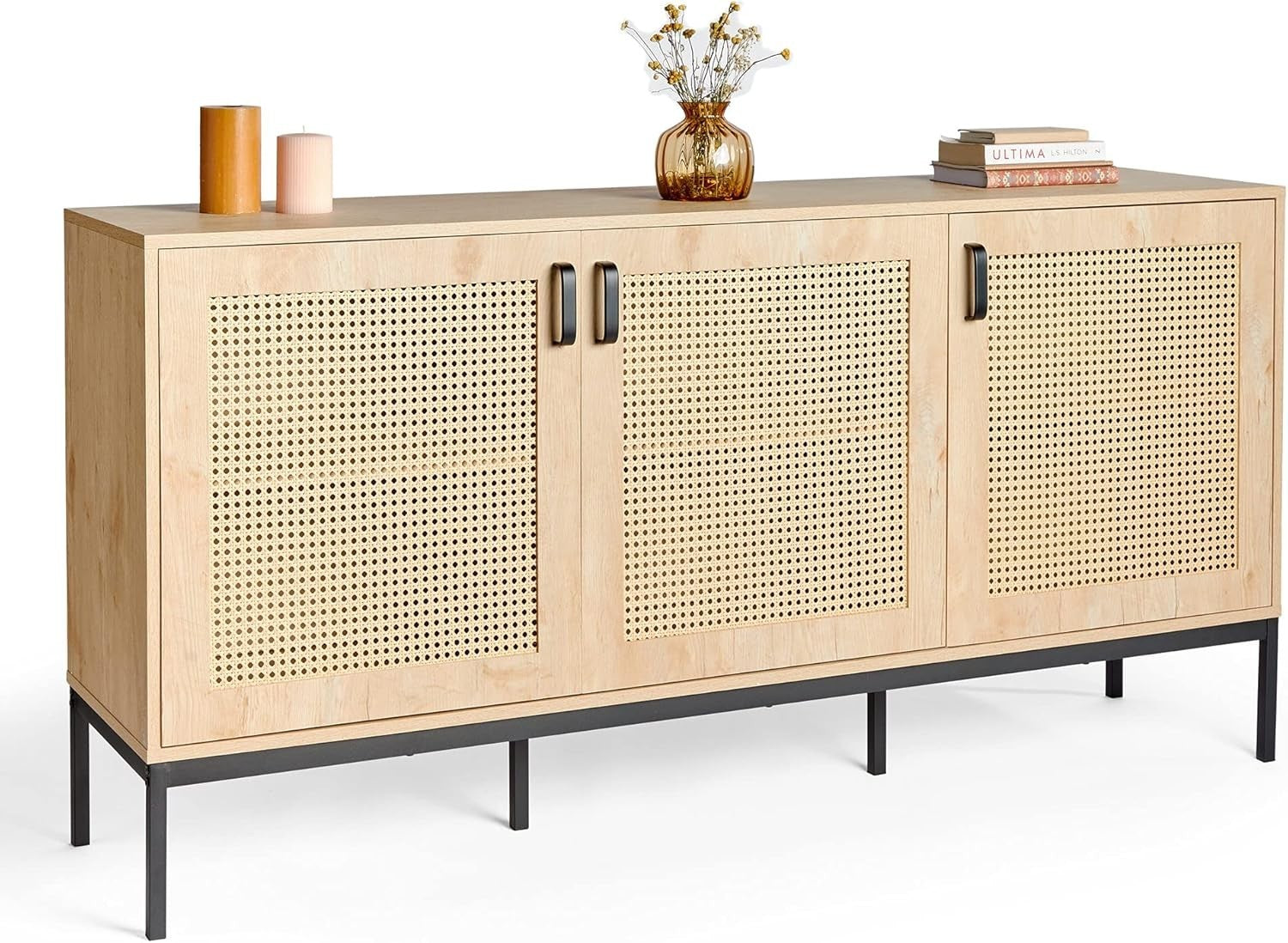 Scandi Rattan Sideboard Cabinet 3 Door Storage Unit Light Wood