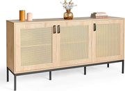 Scandi Rattan Sideboard Cabinet 3 Door Storage Unit Light Wood