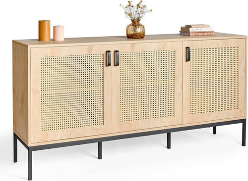 Scandi Rattan Sideboard Cabinet 3 Door Storage Unit Light Wood
