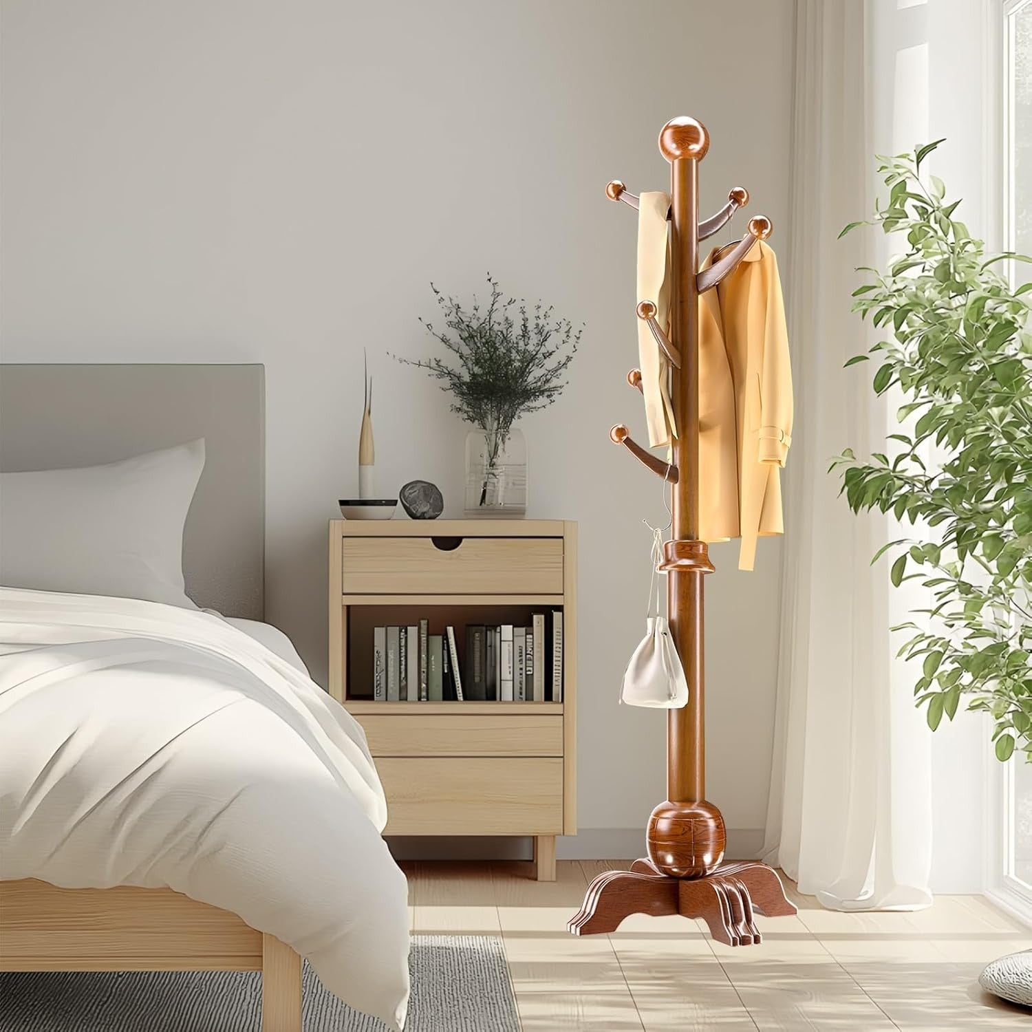 Solid Wood Free Standing Coat Rack | 7 Hook Hall Tree Organizer Stand