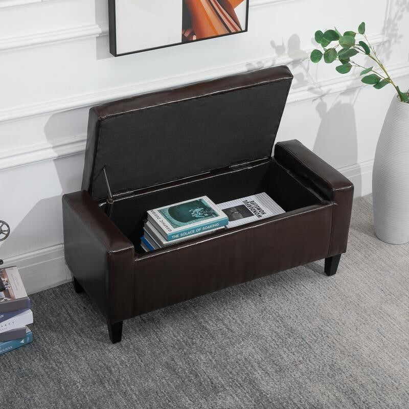 Brown Faux Leather Storage Ottoman Bench – Tufted Flip-Top Chest Seat 92cm