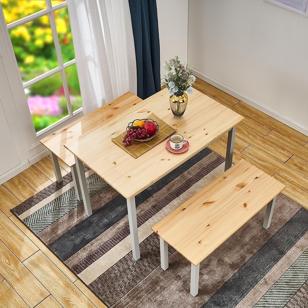 Solid Pine Dining Table & 2 Benches Set | Durable Kitchen Furniture Grey