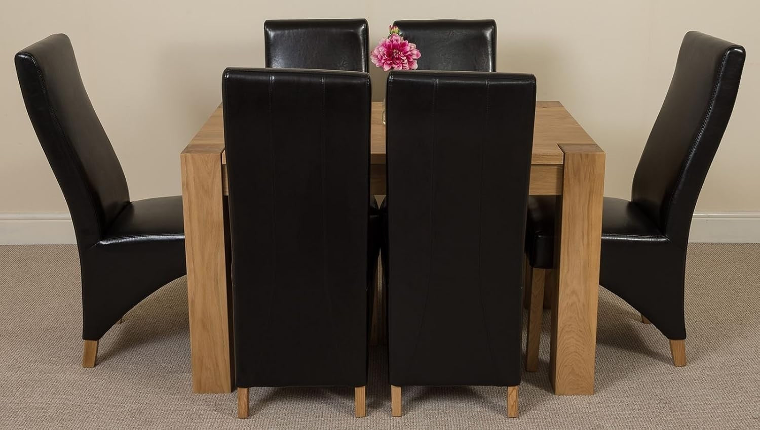 Oak Dining Table Set 6 Black Leather Chairs Solid Wood Compact 125cm