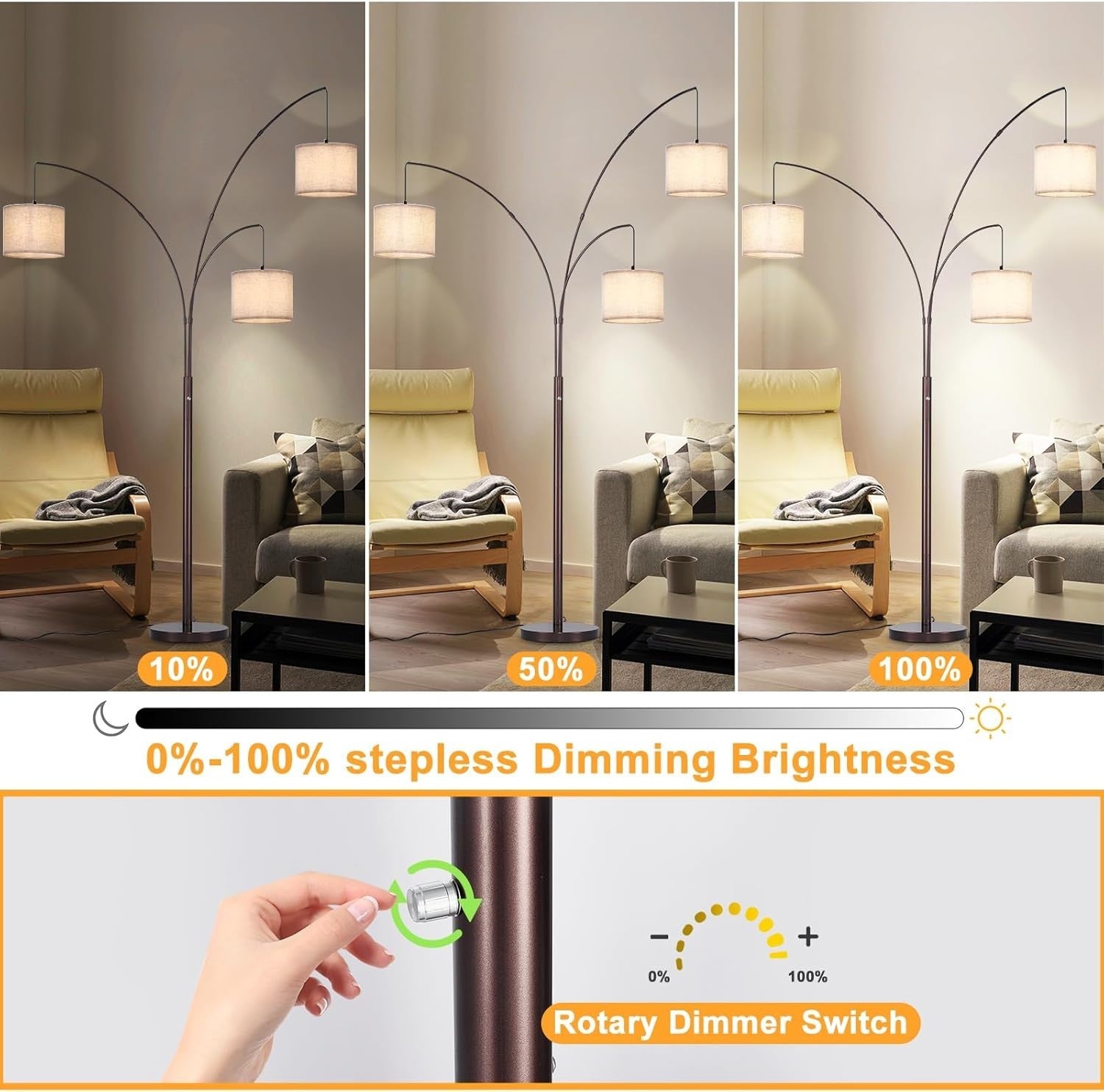 3-Head Adjustable Arc Floor Lamp with Beige Shades – Dimmable LED Lighting