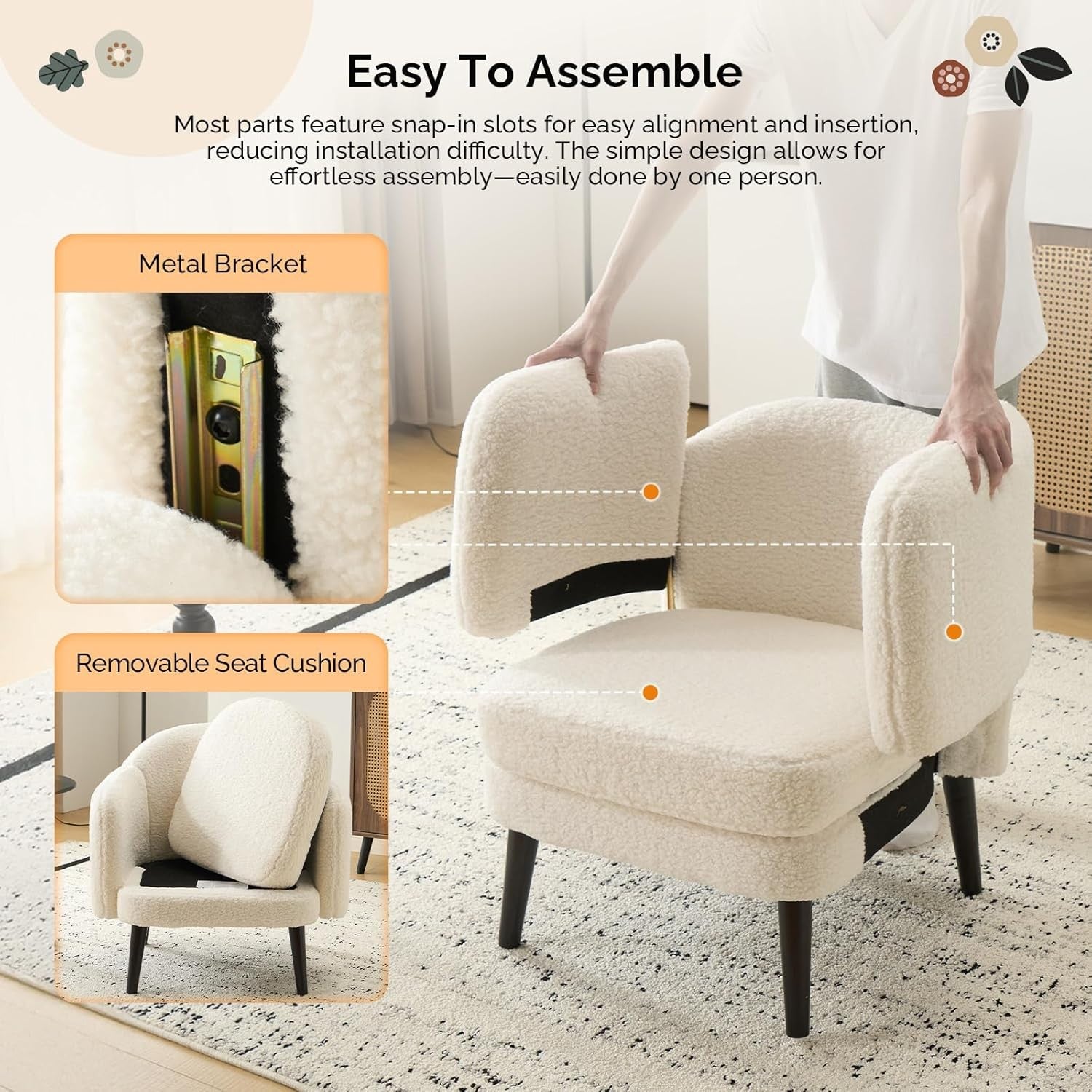 Modern Teddy Fleece Accent Armchair Wide Track Arms Wood Legs White