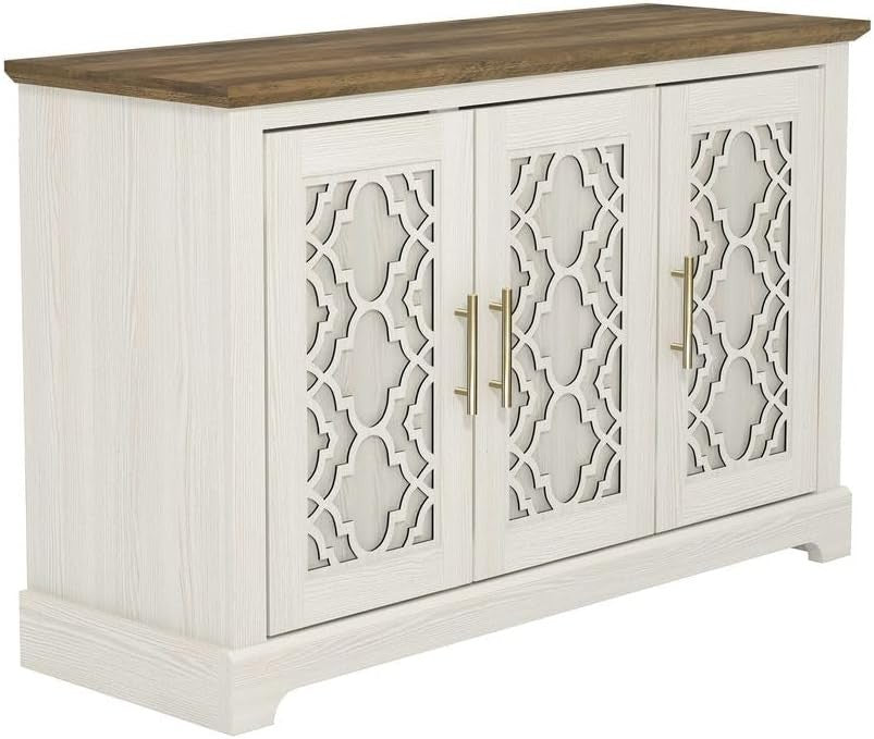 Freestanding 3-Door Storage Cabinet Cream Oak Sideboard Adjustable Shelf (S)