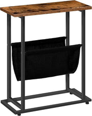 Slim Side Table for Small Spaces with Magazine Holder, Rustic Brown Narrow