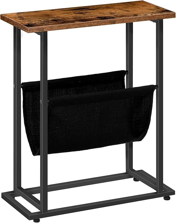 Slim Side Table for Small Spaces with Magazine Holder, Rustic Brown Narrow