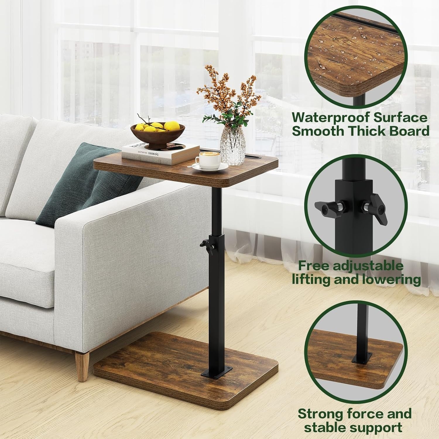 Adjustable C-Shaped Side Table with 360° Swivel, Space-Saving 29x39cm