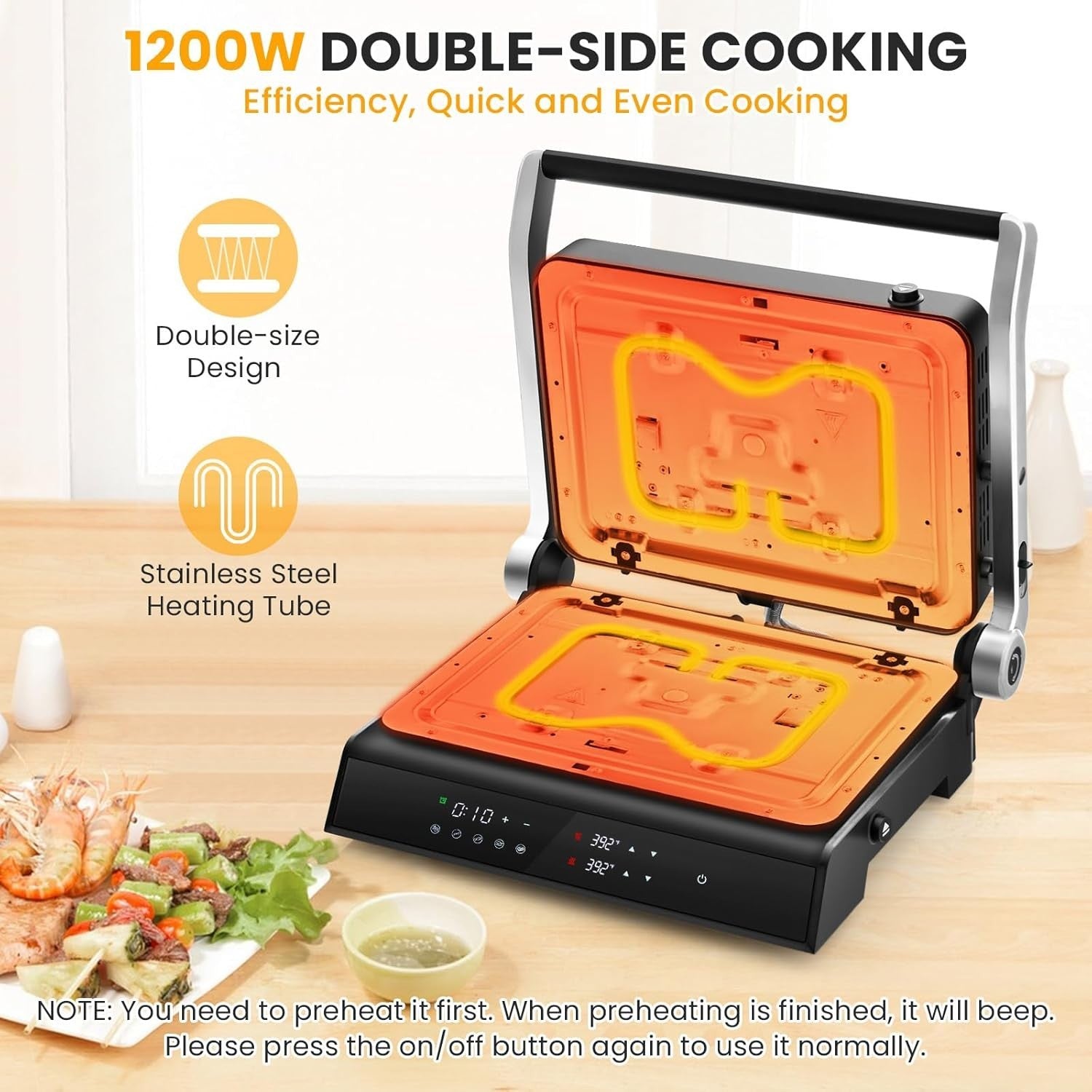 3-in-1 Panini Press Grill LED Touch Non-Stick Glass Top Adjustable