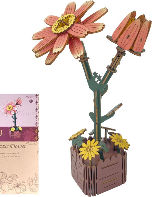 3D Wooden Flower Puzzle Kit for Adults – DIY Gift, Realistic Floral Decor