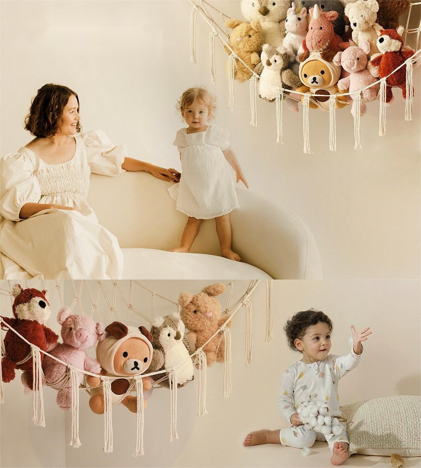 XL Stuffed Animal Hammock Beige Wall Net Toy Storage Kids Room Decor