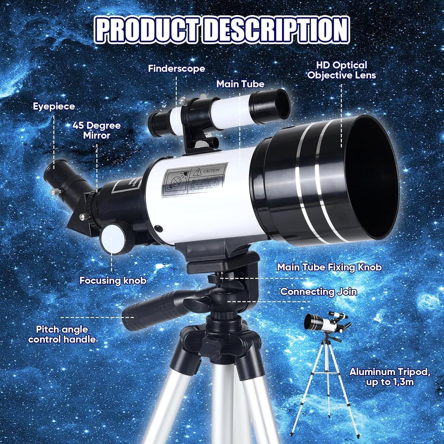 70mm Telescope 300mm Refractor for Kids & Adults with Tripod-White
