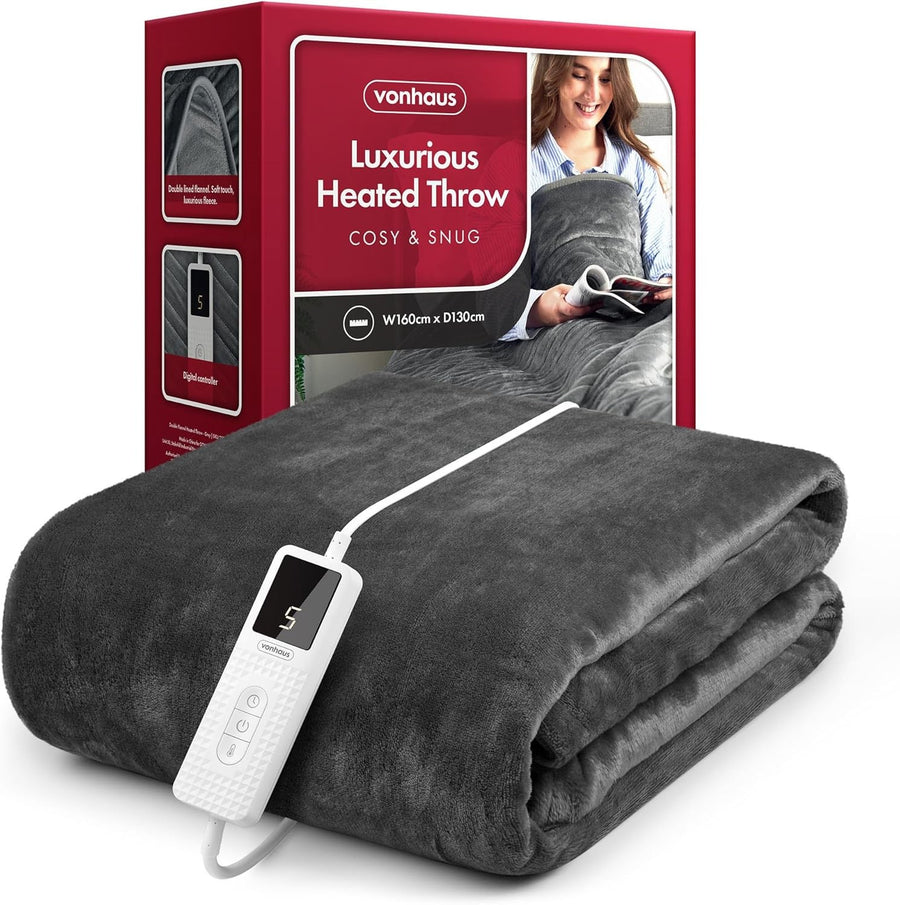 Electric Heated Throw Blanket Grey 160x130cm Soft Fleece 9 Heat Timer