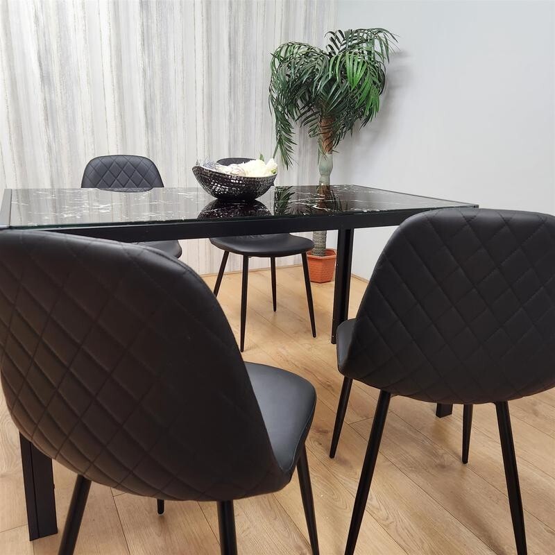Black Marble Dining Table Set with 4 Leather Chairs Glass Top Kitchen