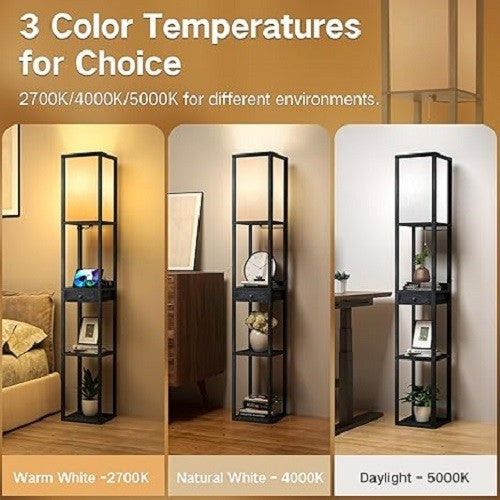 Shelf Floor Lamp with Drawer USB C LED Dimmable Wooden Storage Light