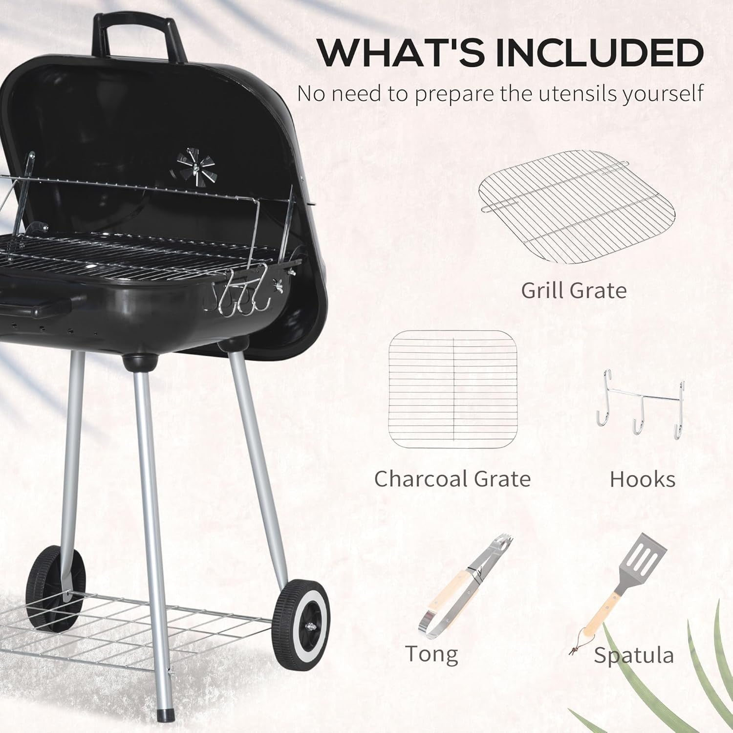 Portable Charcoal BBQ Grill with Lid, Wheels & Tools – Compact Outdoor Smoker