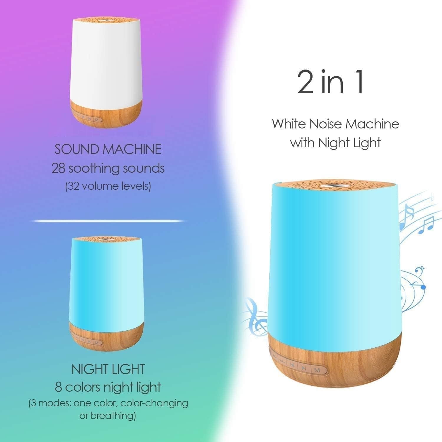 White Noise Machine with 28 Soothing Sounds & 8 LED Night Light