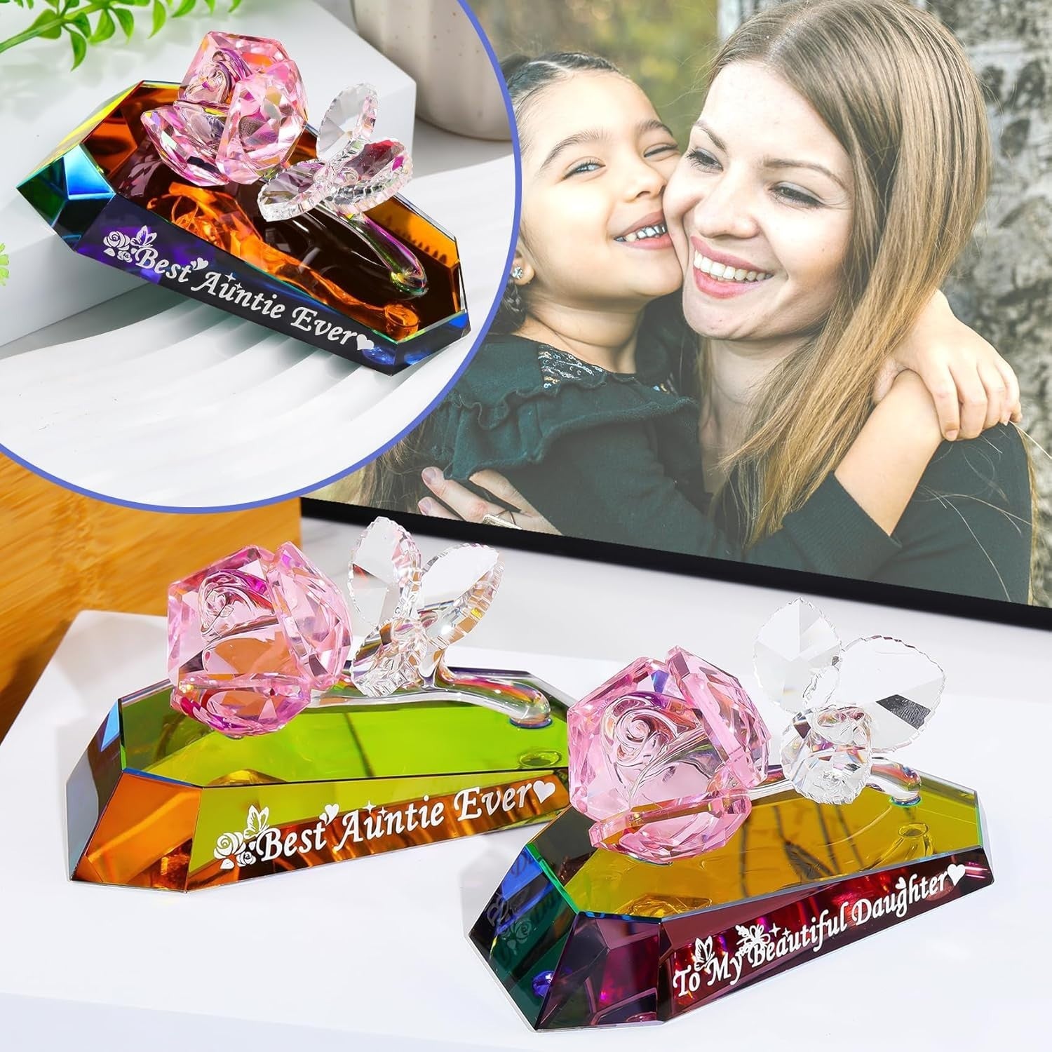 Crystal Rose Ornament “Best Auntie Ever” Gift – Multicolour K9 Glass Keepsake