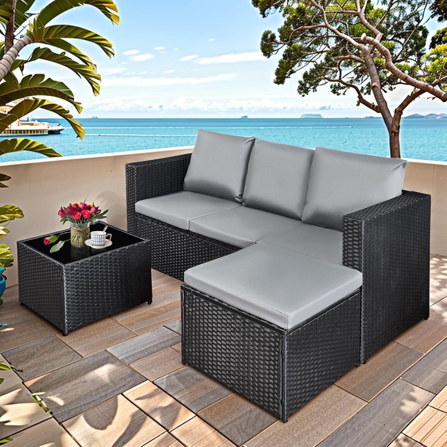 3PC Rattan Garden Sofa Set Outdoor Sectional w/ Glass Table & Cushions