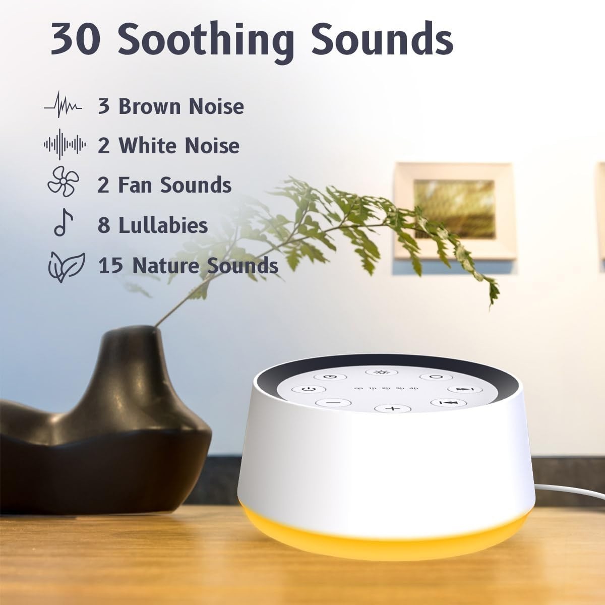 White Noise & Brown Noise Machine – 30 Soothing Sounds with Night Light