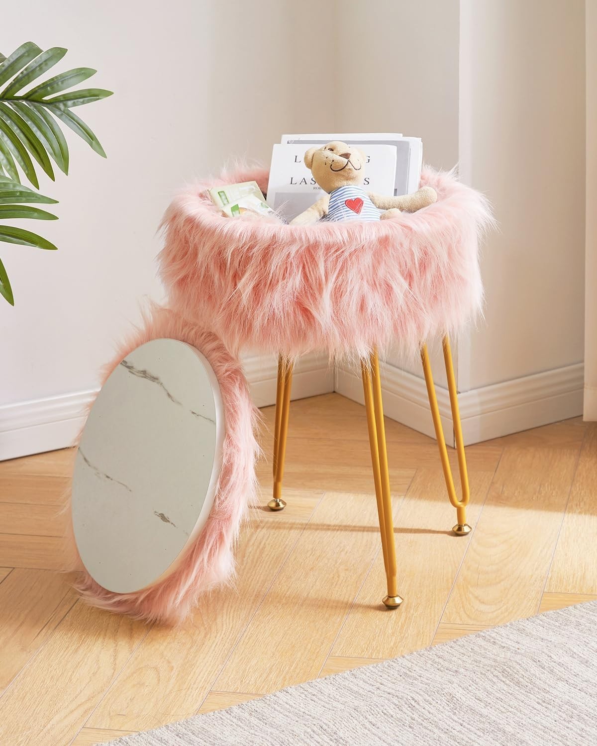 Pink Furry Round Vanity Stool with Storage – Soft Faux Fur Ottoman Seat
