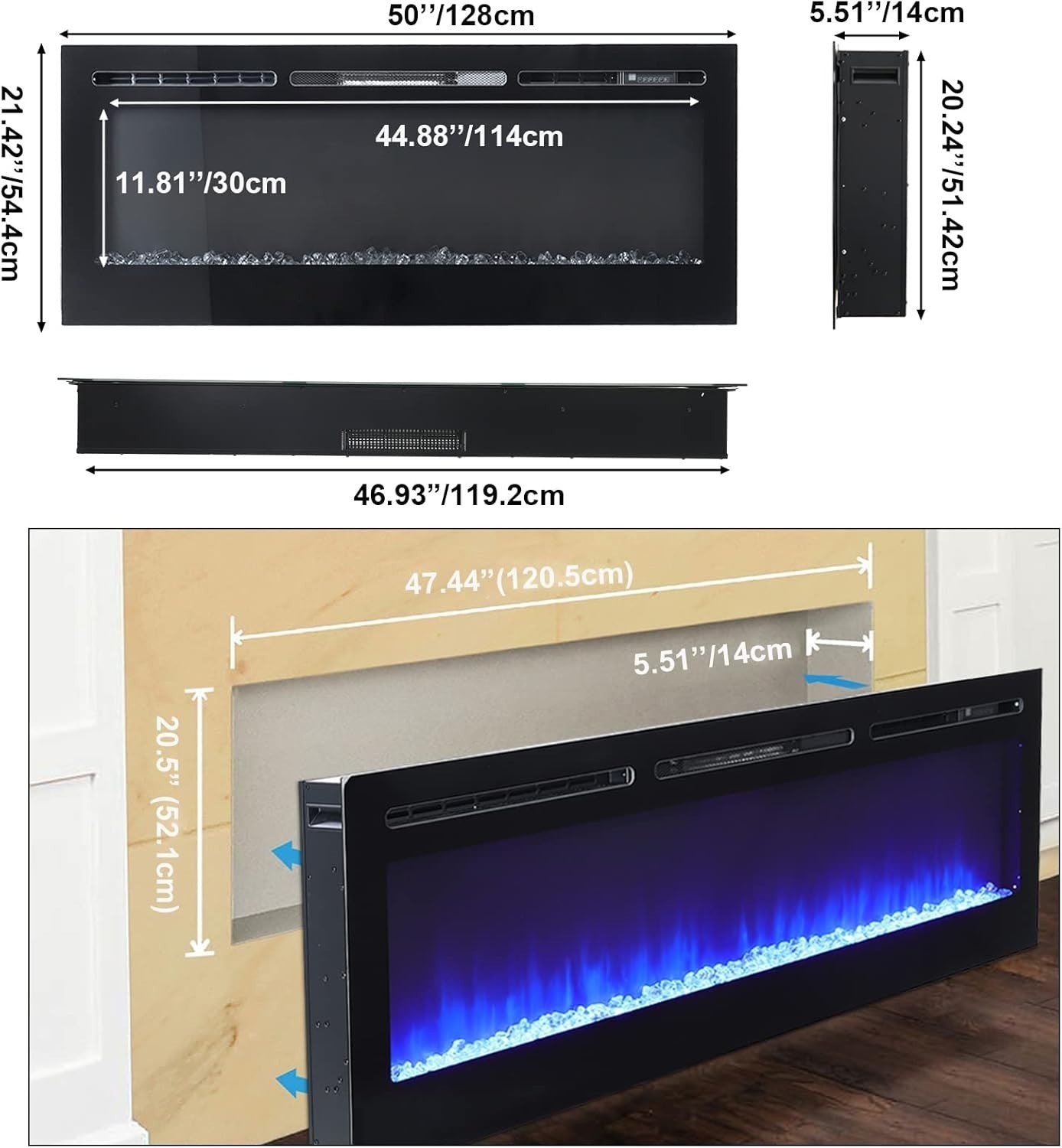 50in Recessed Electric Fireplace Wall Heater LED 12 Flames Touch Remote