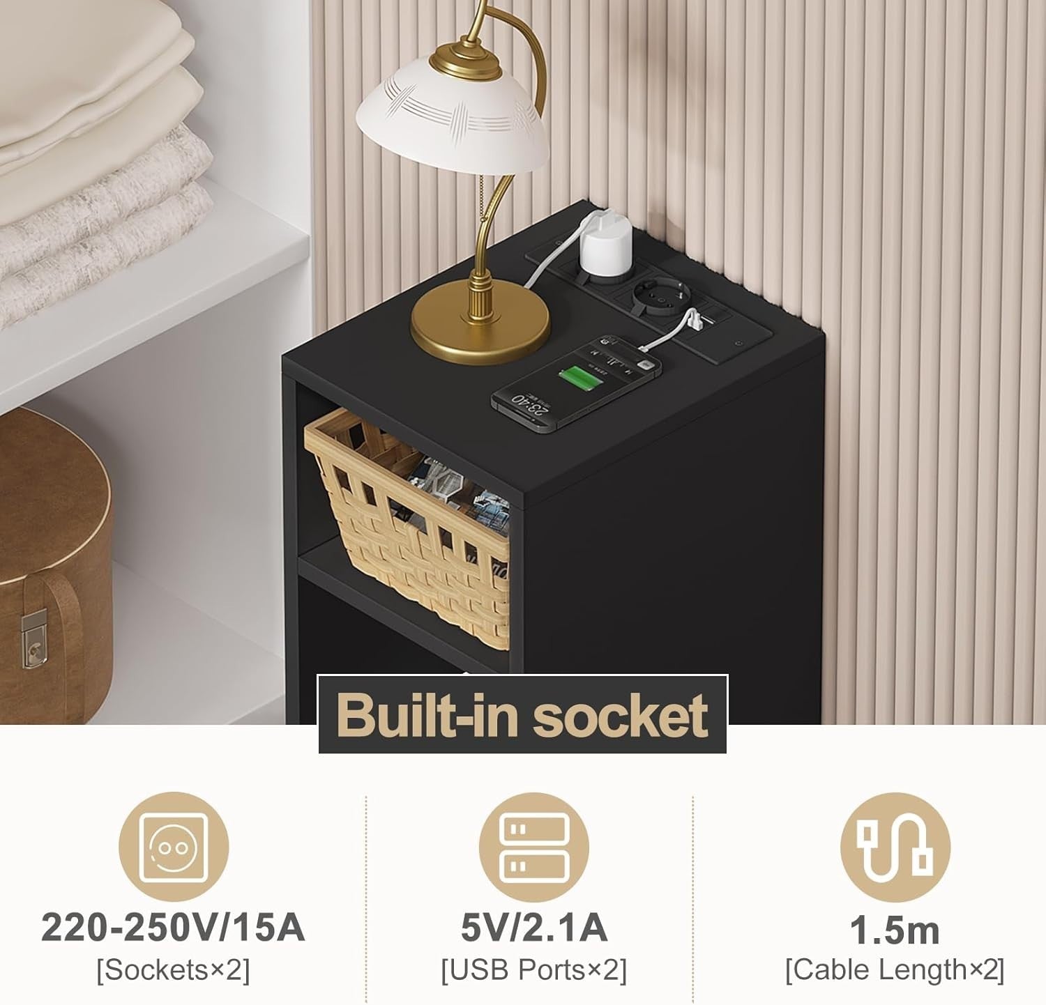 Set of 2 Smart Bedside Tables with USB Ports & Power Sockets – Black